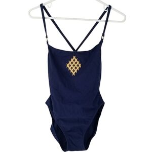 Vintage La Blanca Navy Blue One Piece Swimsuit Size 10 Gold Embroidered